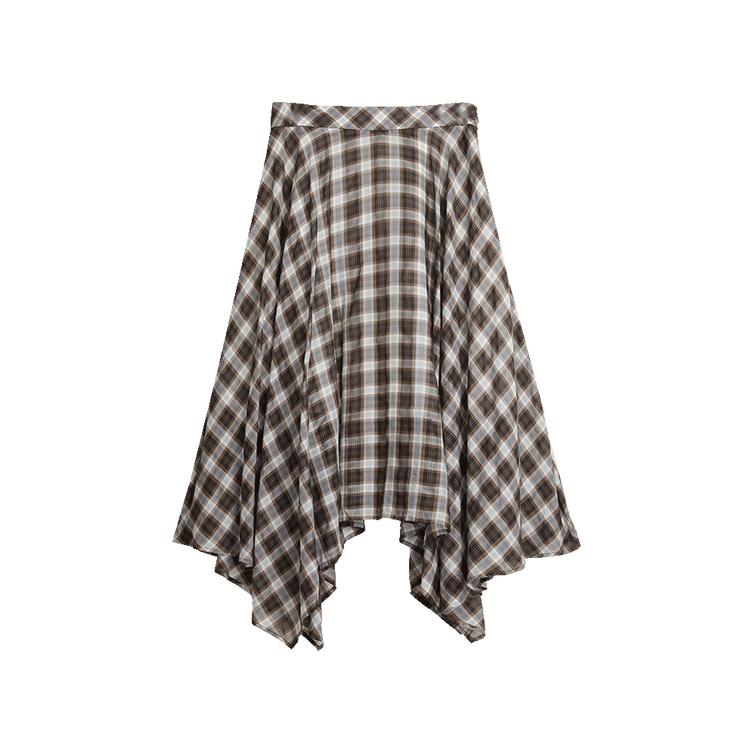 Elle French Modern Irregular Plaid Versatile Casual Long Skirt Women skirts Brown ER51094