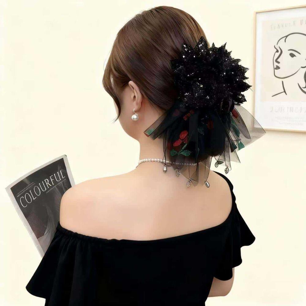Mesh Peony Flower Hair Clips Crystal Fluffy Shark Clip Elegant Mesh Tassels Hair Claw  Women