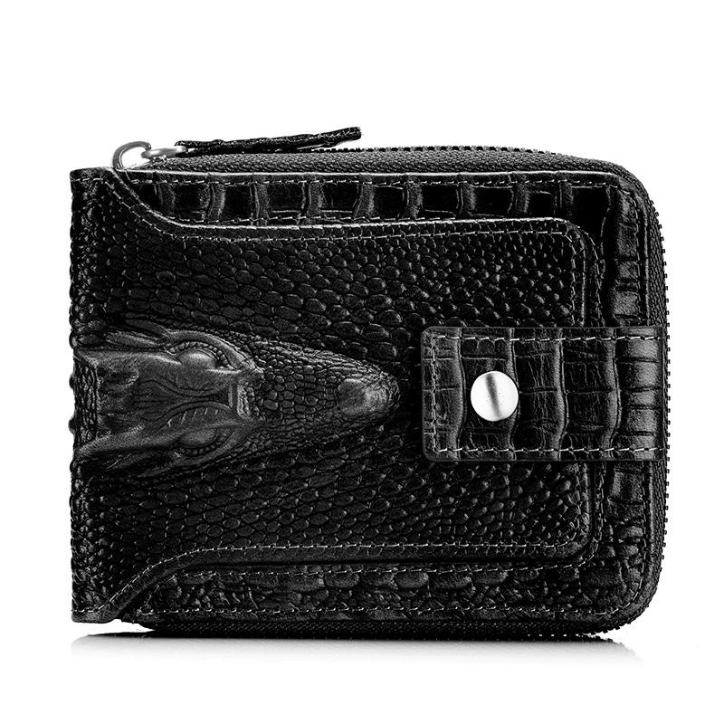 LAOSHIZI Men's Genuine Leather Crocodile-Embossed Wallet RFID Blocking Multi-Card Slots & Photo Holder Horizontal Bifold Design