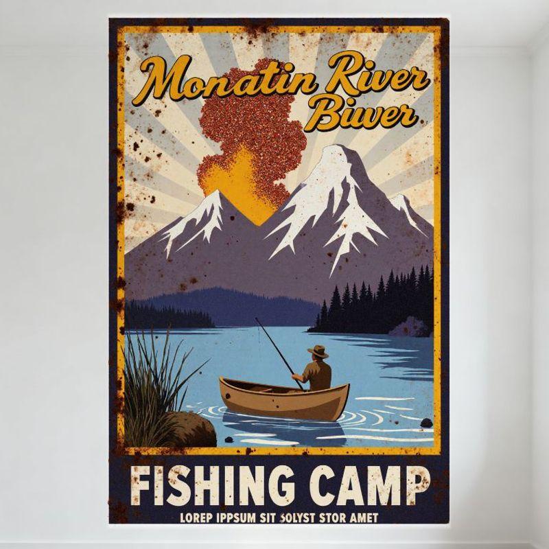 

Vintage Monatin River Fishing Camp Tin Sign Retro Lake Mountain Sunburst Decor for Man Cave Bar Home Wall Art 20x30cm（7.8x11.8inch）