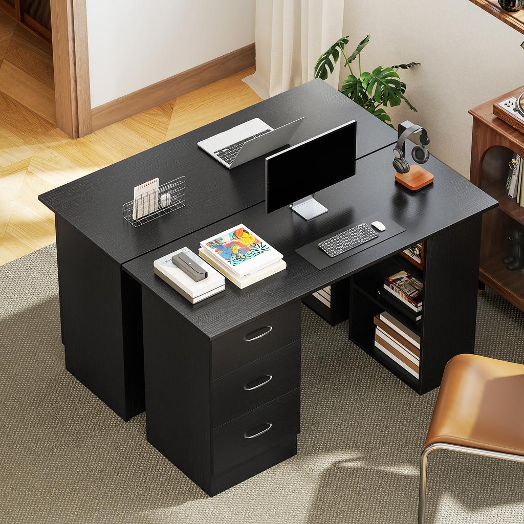 Computer Desk, Writing Table, PC Workstation with 3 Storage Shelves and Drawers, Silver Handle, for Home Office, Black