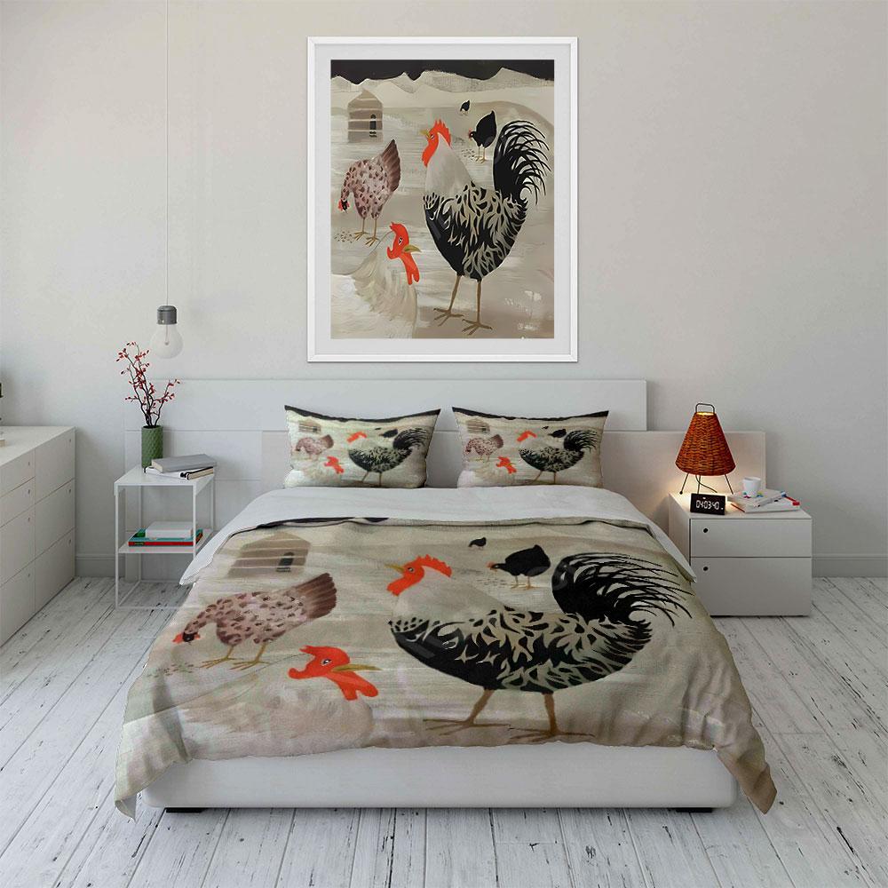 Gallos, gallinas y pollitos. Juegos de cama Juegos de fundas nórdicas Fundas nórdicas Fundas de almohada(1*Funda de edredón 2*Fundas de almohada sin relleno de edredón)