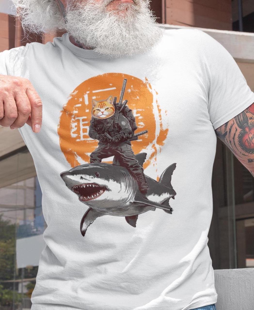 Funny Ninja Cat Riding Shark T-Shirt Mens Womens Tees Top – Warrior Samurai Cat Tee, Humor Animal 2XL