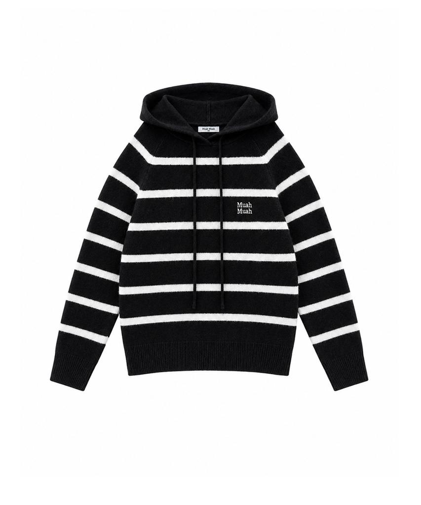 MUAHMUAH Striped Wool Brushed Hoodie Knit [Black]