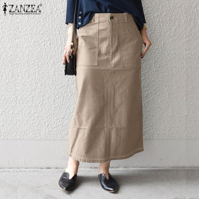

ZANZEA Женские повседневные однотонные свободные длинные юбки S хаки
