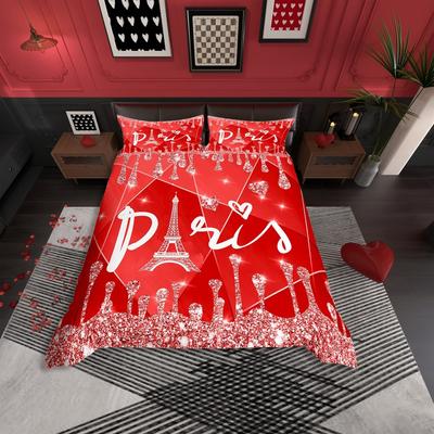 Homewish Red Sequin Print Duvet Cover Set for Teens,Romantic Anniversary Paris Bedding Set,Eiffel Tower Reversible Bed Set