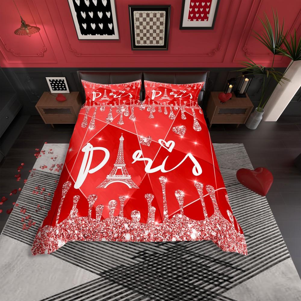 

Комплект пододеяльника с красным принтом из пайеток Homewish для подростков, Романтичный юбилейный комплект постельного белья «Париж», Двусторонний комплект постельного белья с Эйфелевой башней DE XS 100x135cm 2pcs&set
