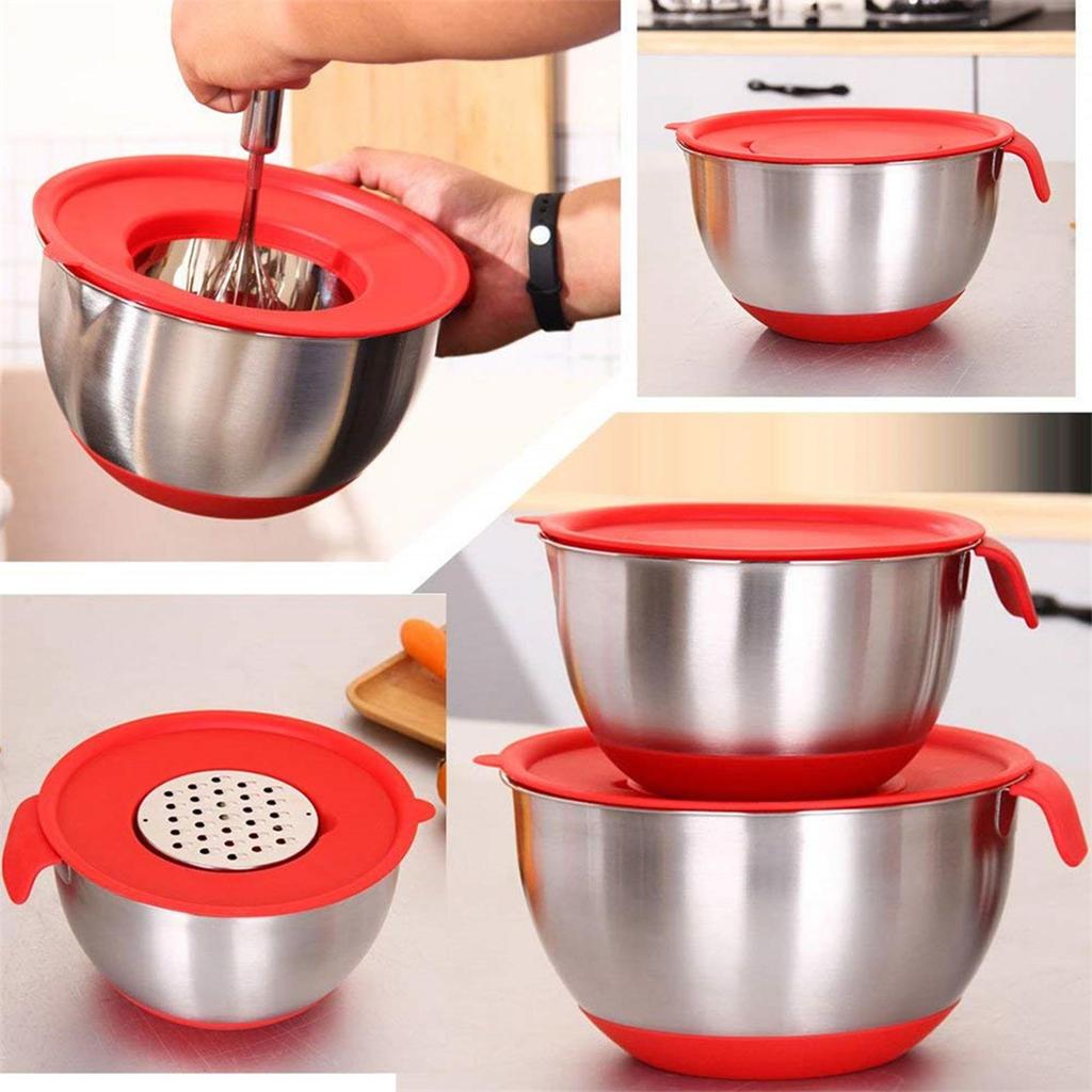 Stainless Steel Mixing Bowl Set with Graters, Lid and Non-slip Silicone Bottom, Multi-purpose Kitchen Prep Bowls for Baking Cooking Salad Dough Mixing