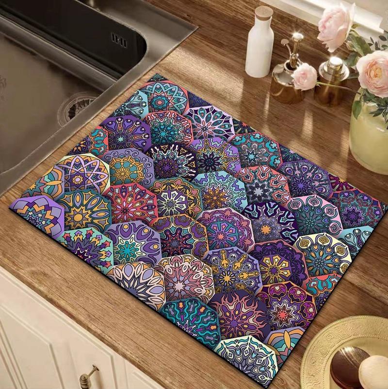 Retro Persian Pattern Drain Mat Fridge Top Non-slip Diatom Protector Mat Coffee Drain Pad Table Placemats for Home Decoration