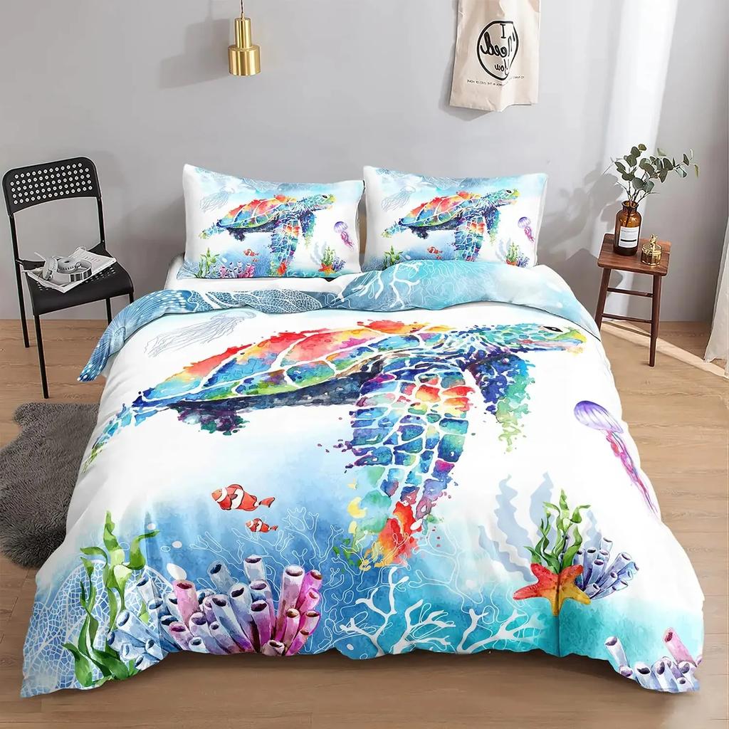 Mermaid Duvet Cover Set,Starfish Blue Undersea Style Dreaming Fairy Tale Bedding Set Girly Comforter Cover Bedroom Decor Gifts