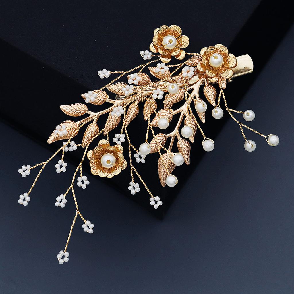 Wedding Barrettes Clip Headpiece Handmade Leaf Flower Hair Clips with Pearl Core for Thick Hair Styling Decoration