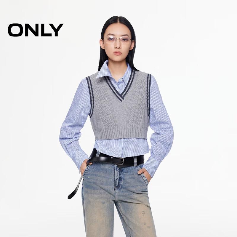 ONLY Women s 2025 Autumn Preppy Color-Block Knit Vest & Shirt Set M