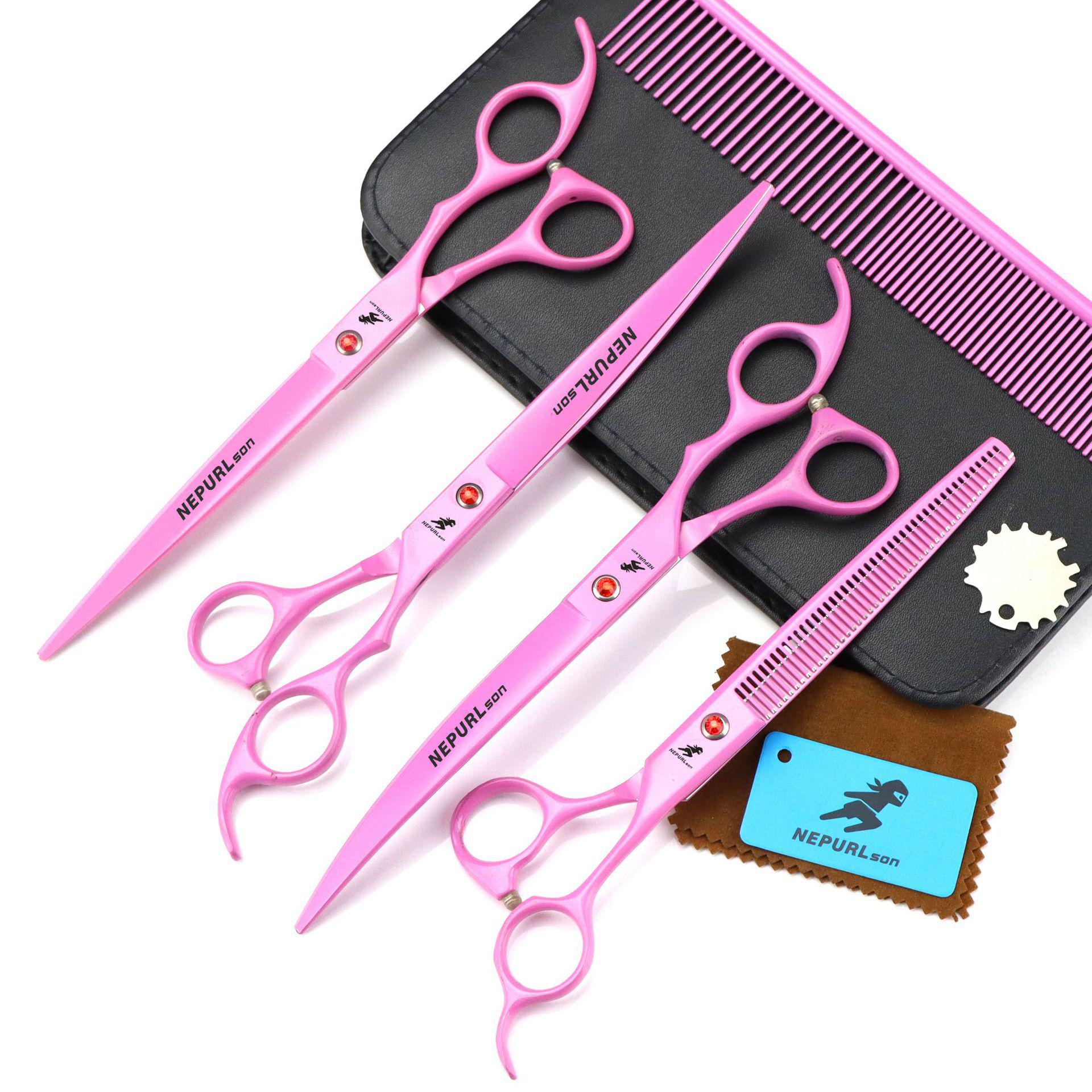 Napson Pink 8.0 Pet Grooming Scissors Set: Straight, Curved & Thinning (4 Pieces)