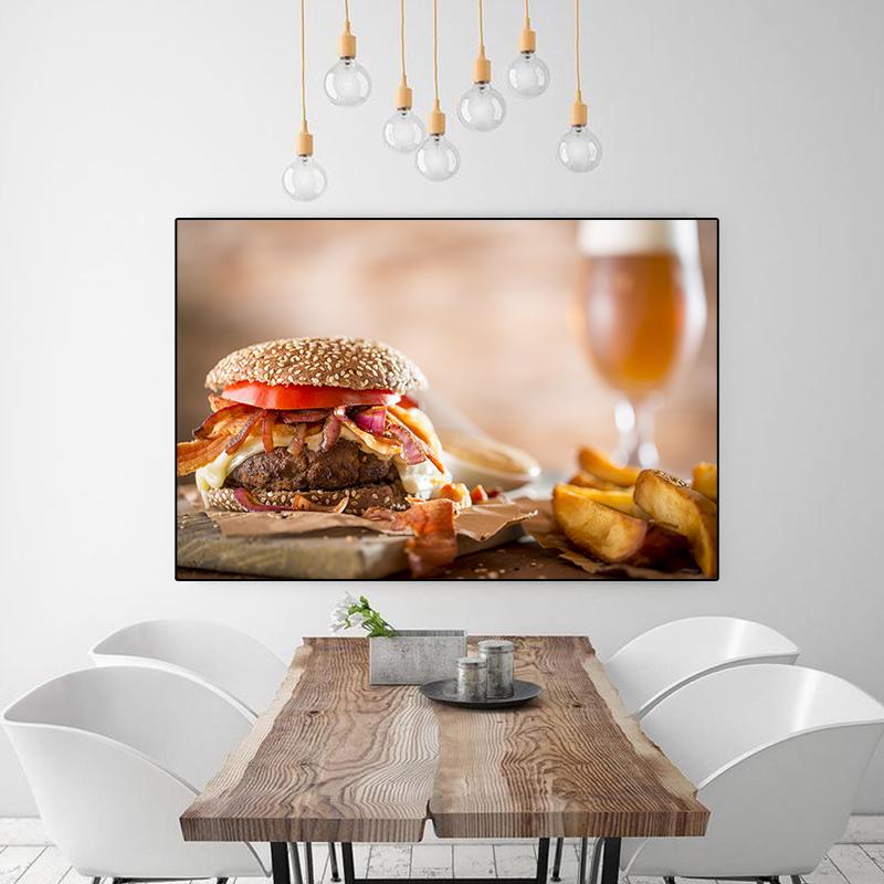 Amerikanischer Stil Fast-Food-Bilder, Leinwandgemälde, Hamburger, Pommes, Hot Dog, Poster und Drucke für Wohnzimmer, Küche, Wanddekoration