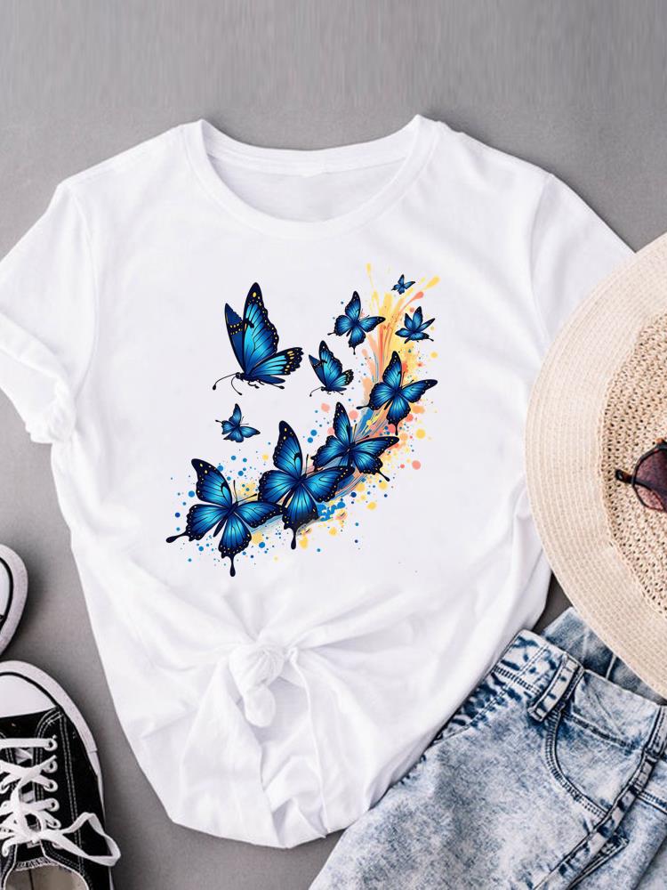 (Asian Size) Watercolor Butterfly Trend Print Casual Top O-neck Short Sleeve T-shirts T Graphic Tee Fashion Female Women's Clothing