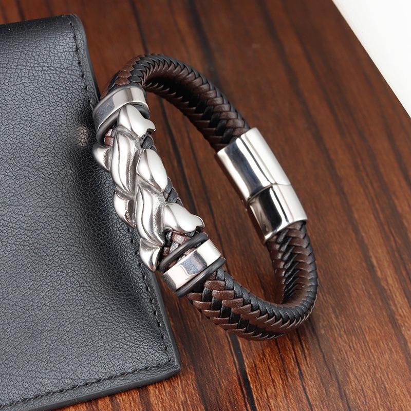 21CM Men Hand-woven Leather Rope Bracelet Black Hip Hop Vintage Chain Bracelet Male Stainless Steel Jewelry
