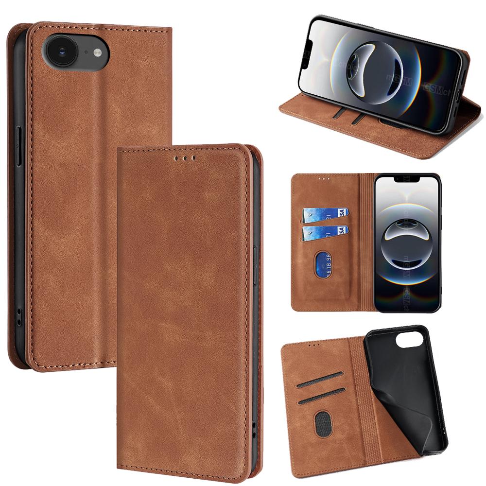 

For iPhone 16e Card Holder Case PU Leather Magnetic Closing Phone Cover Light Brown