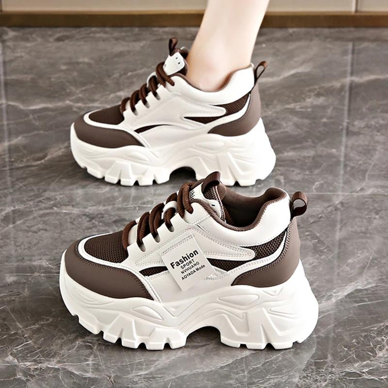 Fashion Lace Up Chunky Sneakers for Women Comfort Breathable Platform Sports Shoes Woman Pu Leather Thick Bottom Running Shoes
