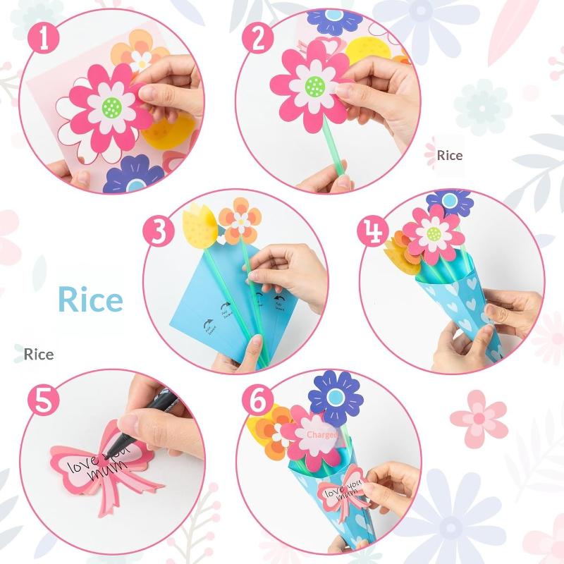 6/12Pcs Flower Bouquet Craft Kit Teacher Appreciation Week Mother's Day Flower Birthday Cards DIY Sister First Greeting Cards