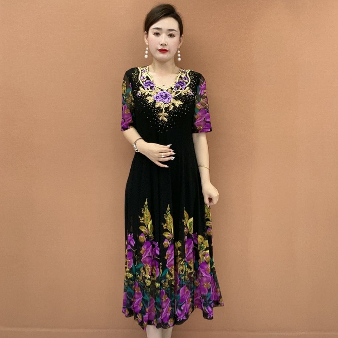 

Элегантное летнее женское платье с цветочным принтом, вышитое, эластичное, с V-образным вырезом, большого размера, длинное платье 2XL фиолетовый