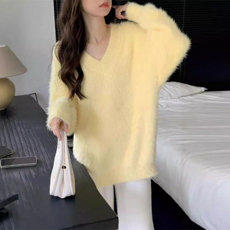 Milk wear imitation mink fleece collar soft waxy knitted sweater top women's autumn and winter new gentle wind sweater women's outer wear