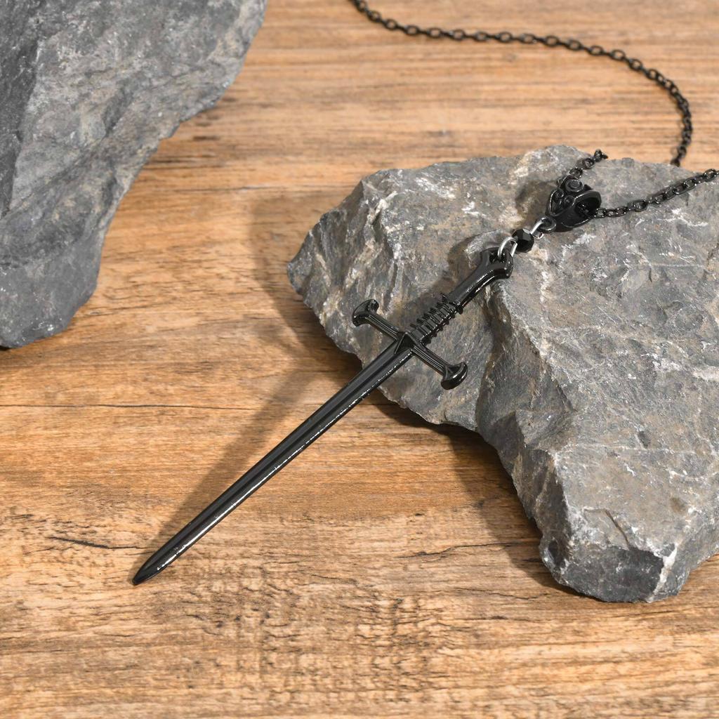 Vnox Large Gothic Black Sword Necklaces for Men Boys, Punk Long Dagger Knife Cross Pendant Collar