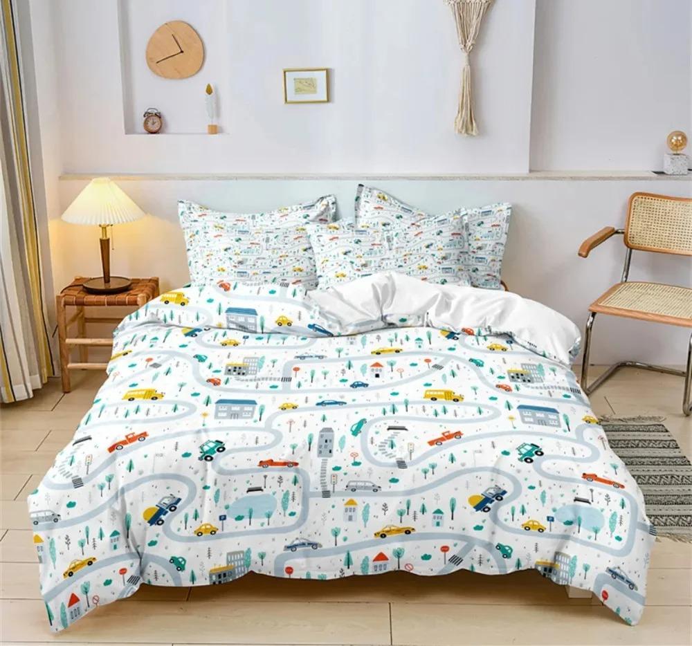 Cartoon Car Bedding Set Construction Vehicles Comforter Cover 3pcs Kids Machinery Truck Soft Polyester Duvet Cover for Boys Gift