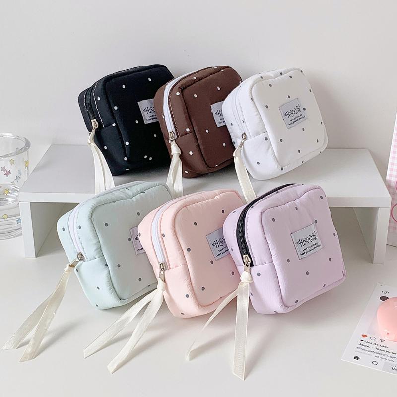 Polka Dot Solid Square Cosmetic Bag Girl Portable Small Lipstick Pouch Student Simple Sanitary Napkin Storage Bag