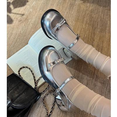Chaussures Mary Jane à talons épais argentées pour femmes, nouvelles à bouche légère avec jupe, chaussures simples à bout rond