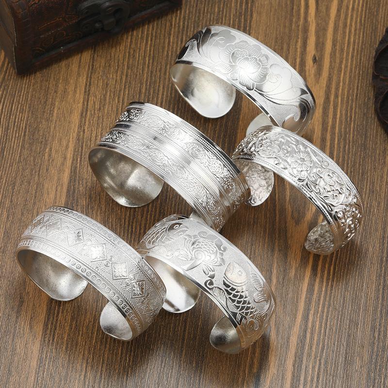 Bohemian Ethnic Style Retro Silver Wide Bracelet For Women Carved Flower Opening Fashionable Bracelet Boho Vintage Jewelry