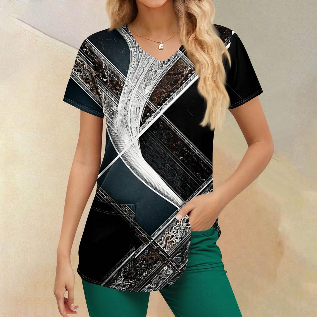 Pracovní uniforma s potiskem nadměrných velikostí pro ženy Potisk s výstřihem do V Krátký rukáv Zábavná trička Pracovní oblečení Tričko s kapsami