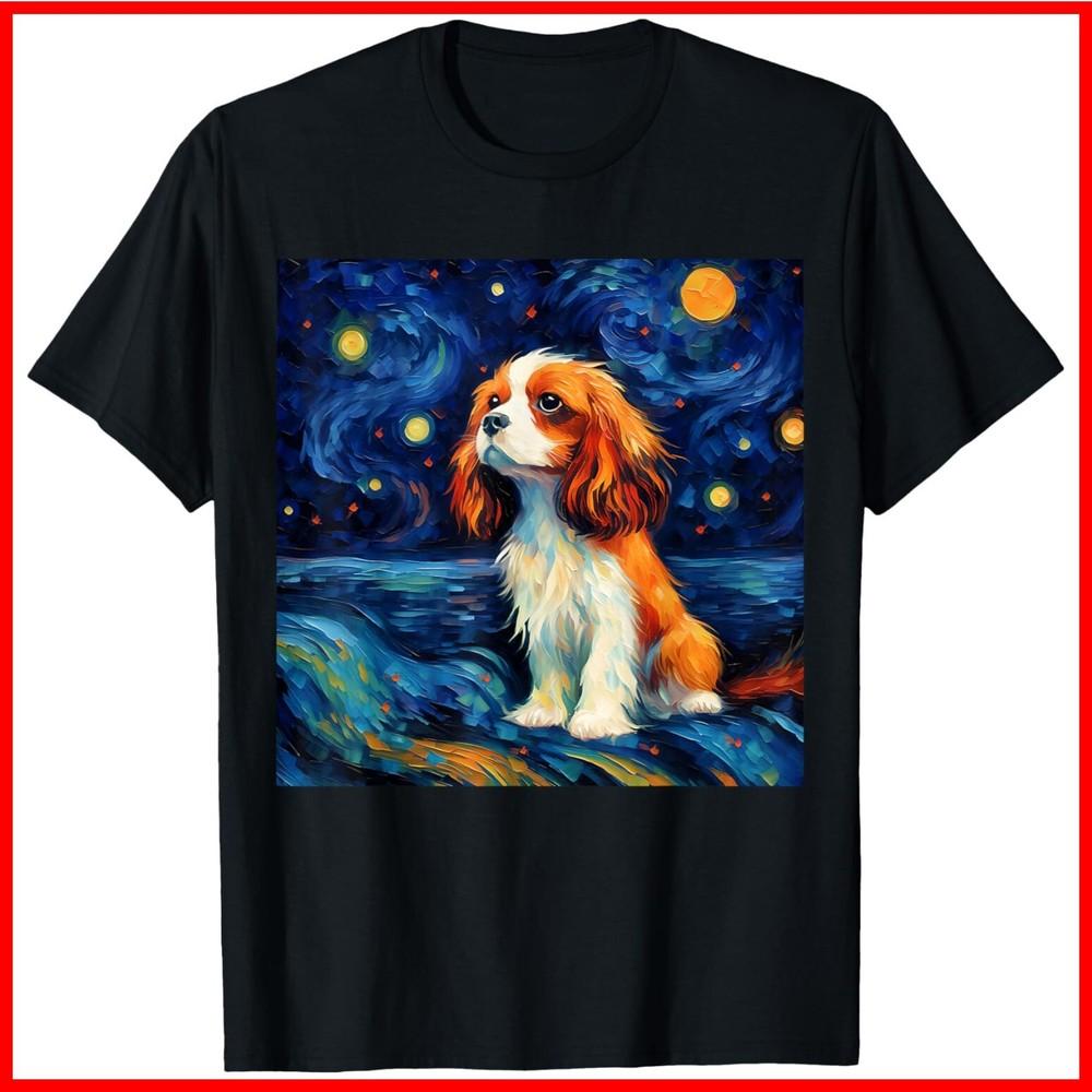 Surreal Starry Night Cavalier King Charles Spaniel Dog Black Cotton T-Shirt S-5X Unisex T-Shirt L