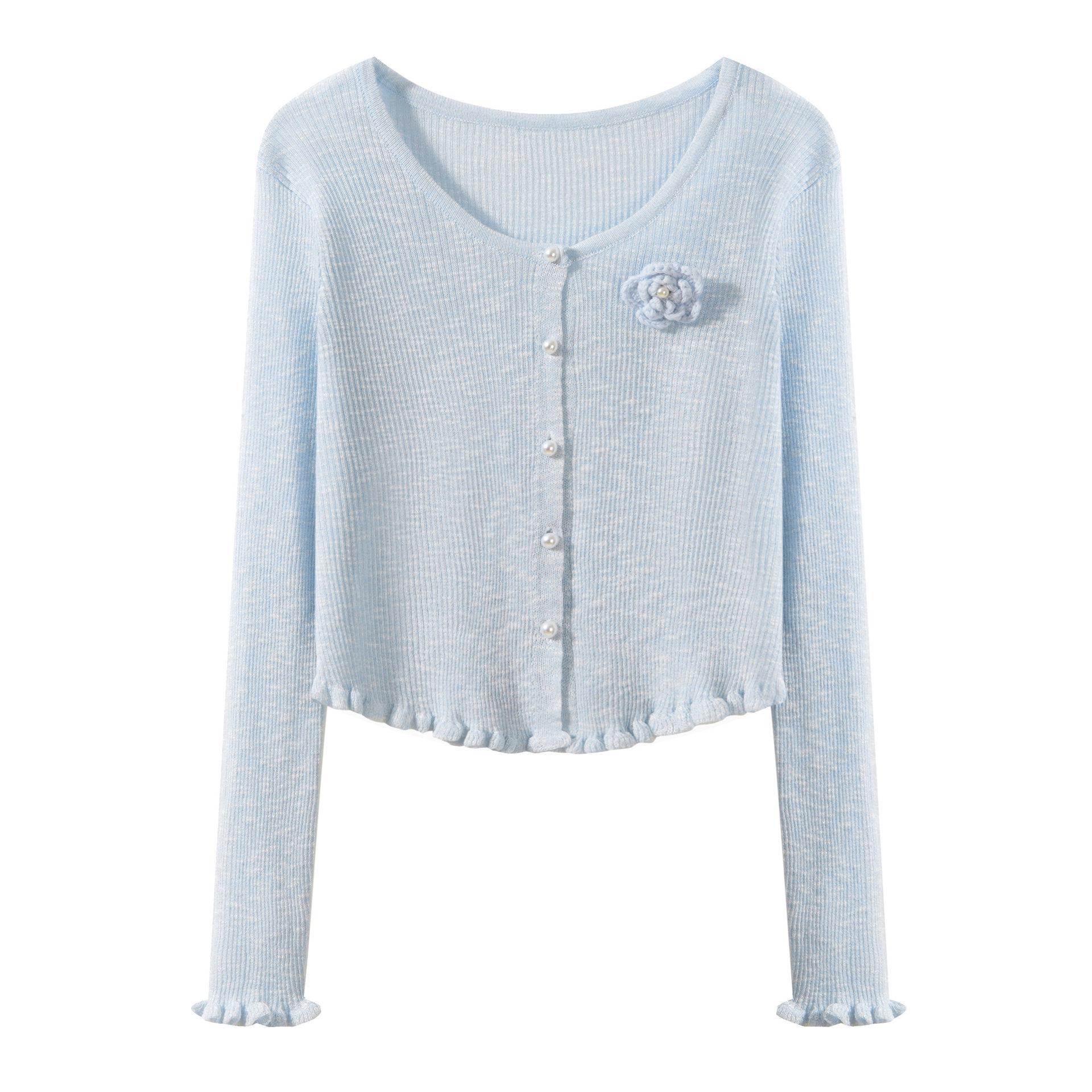 

3D Floral Wood Ear Trim Women’s Summer Knit Cardigan - Thin V-neck Ice Silk Sun Protection Shawl One Size синий