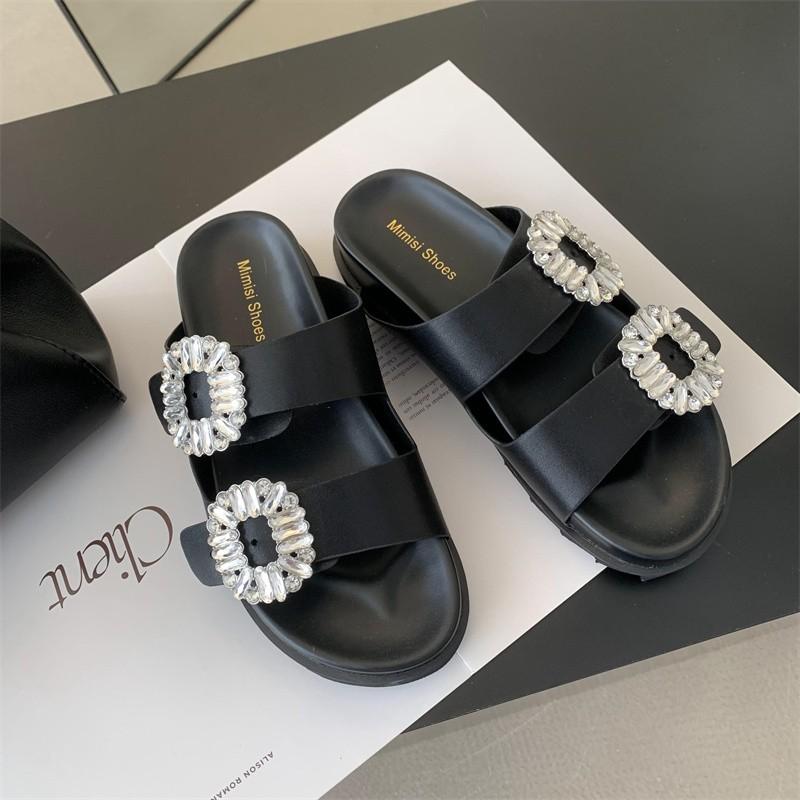 2025 Brand Rhinestone Shoes Ladies High Heels Platform Sandals Double Buckle Band Slippers Woman Muffins Crystal FlipFlops Mujer