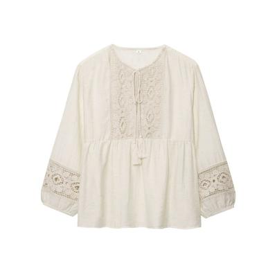 2025 New Spring and Autumn Cotton and Linen Spliced Lace Temperament Loose Women's Top T-shirt