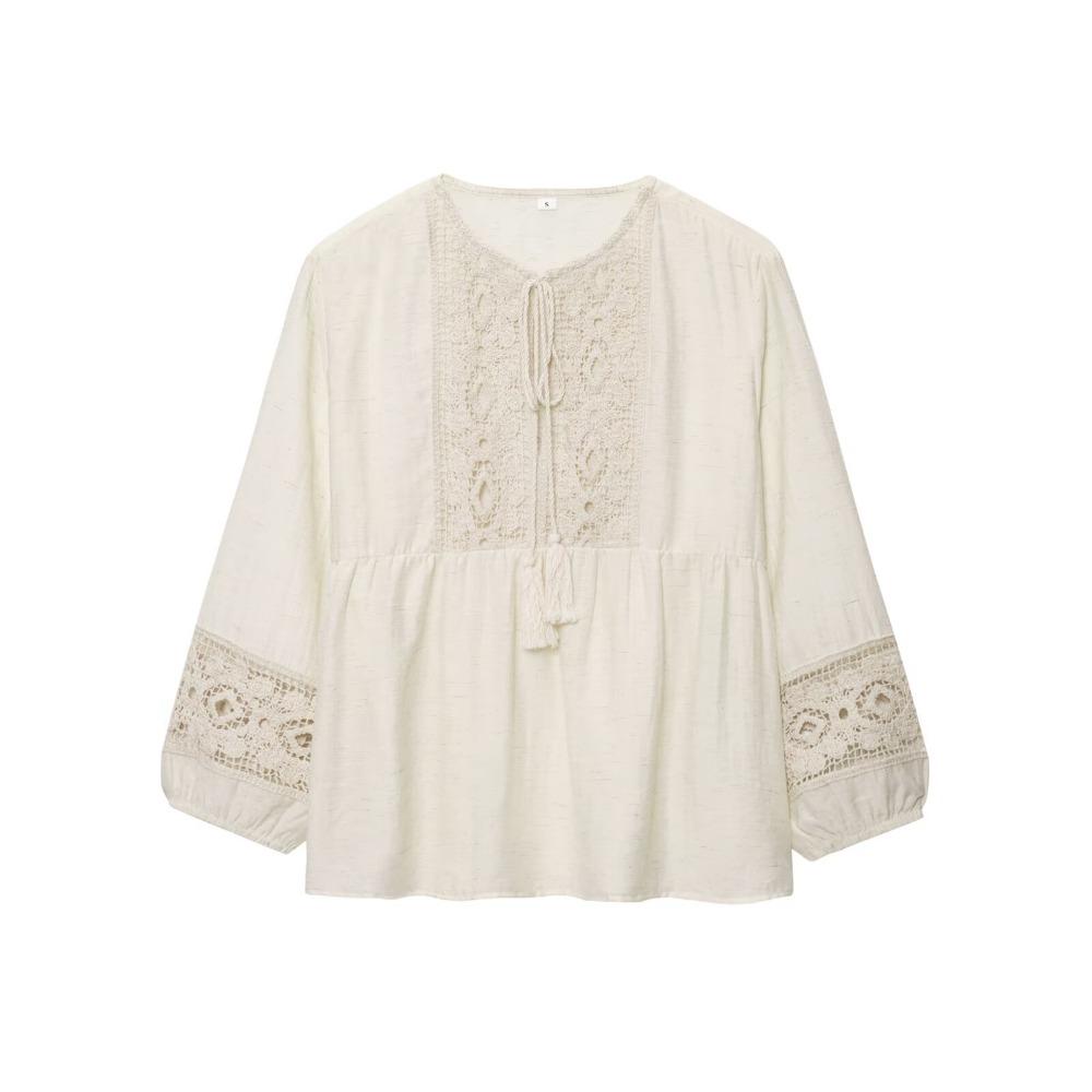 

2025 Новая весна и осень Хлопок и лен Сращенное кружево Темперамент Свободный Женский топ Футболка S бежевый