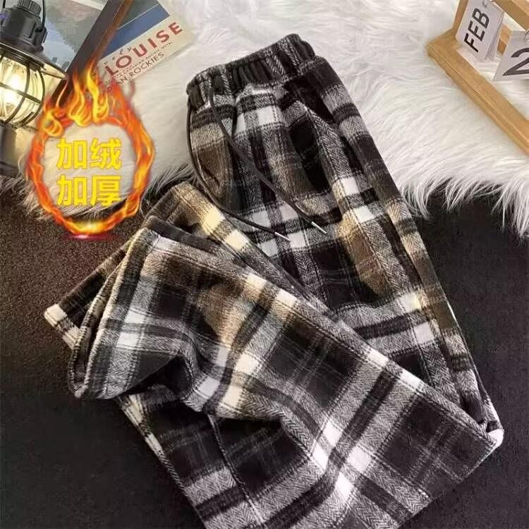 American Retro Striped Pants Men's Autumn and Winter Velvet Thickened Straight Loose Trendy Brand Drape Wide Legs Casual Long