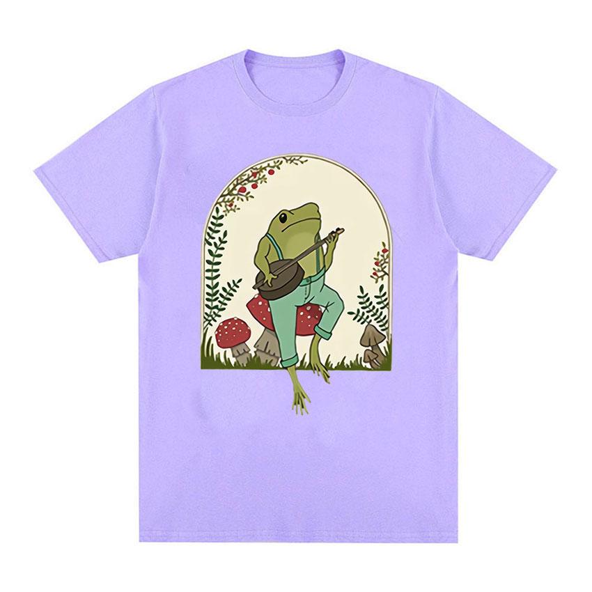 

Забавная лягушка, играющая на банджо на грибах, футболка с рисунком, эстетическая одежда Cottagecore, одежда унисекс, футболки, мужская хлопковая футболка большого размера