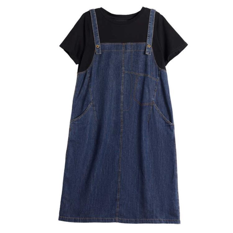 

Trendy 2026 Plus Size Loose Patchwork Strap Dress - Age-Reducing, Fashionable Two-Piece Style S (40-47.5 kg) темно-синий