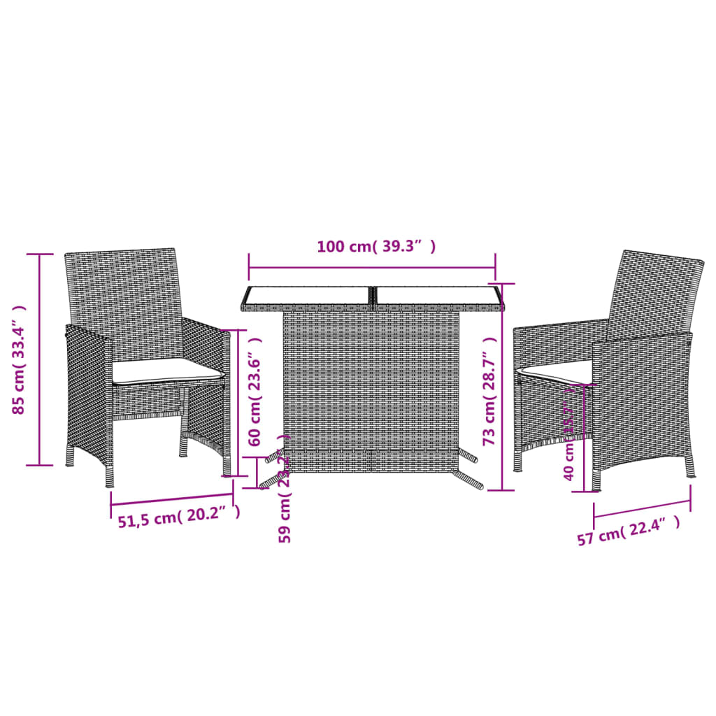 3 Piece Bistro Set with Cushions Grey Poly Rattan