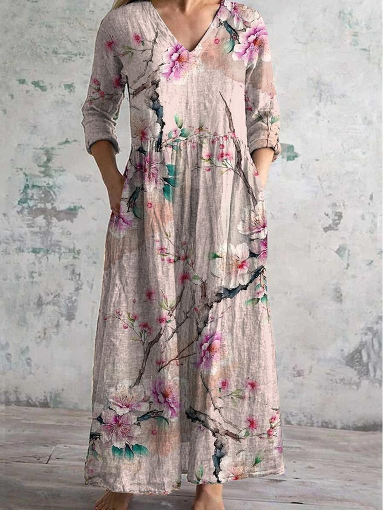 Damen Langarm V-Ausschnitt Maxi Kleid mit Streifenmuster, Knöchellanges Fließendes Kleid, Lässig Elegantes Kleid
