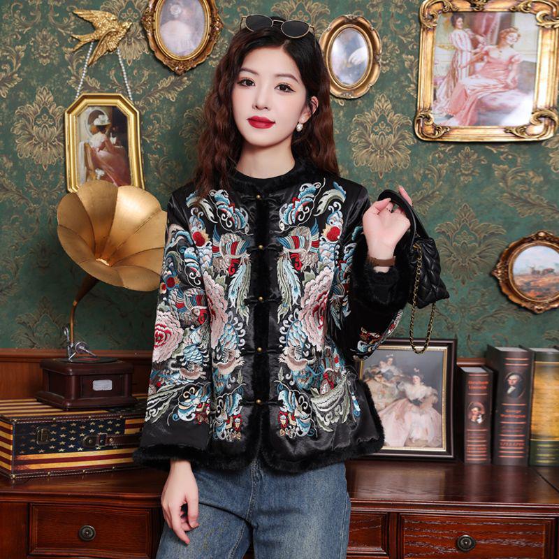 

High-End Women s Thick Cotton Jacket with Heavy Embroidery and Frog Buttons - Chinese Style for Autumn/Winter 2XL (120-135 lbs recommended)