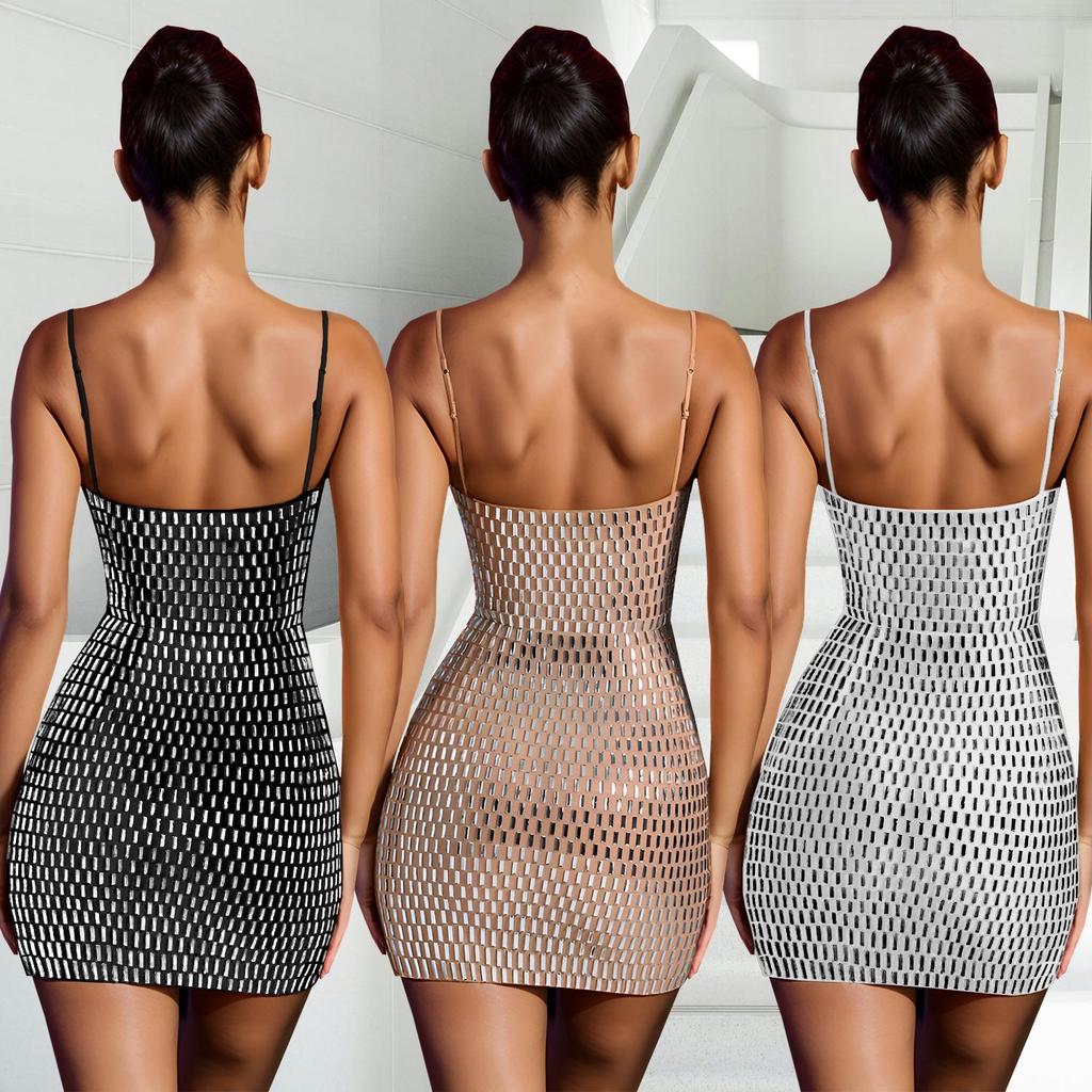 C7167 Vestido e Saia Curta Fashion Feminino Sexy Slim Fit com Pedrarias e Tiras