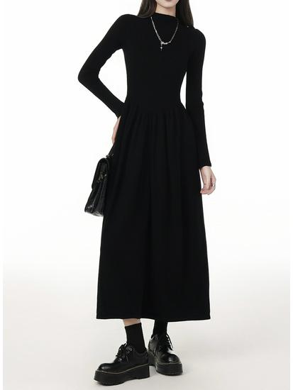 Women's Black High Neck Long Sleeve Bodycon Midi Dress - Petite Waist Slimming 2026 Spring Style
