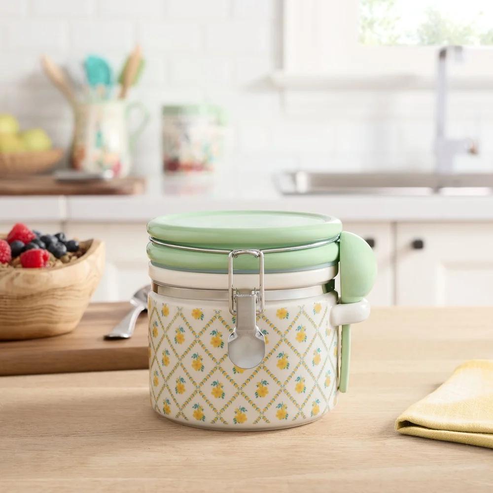Stoneware Medium Canister with Lid and Ceramic Spoon Floral Decor Kitchen Storage Airtight Food Container Kitchen Organization