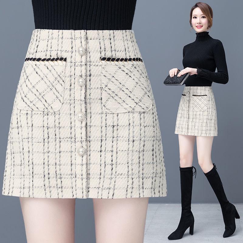 

2025 Korean Style High Waist Tweed A-line Plaid Skirt for Women - Autumn/Winter Short Slimming Skirt L, 103-113 lbs