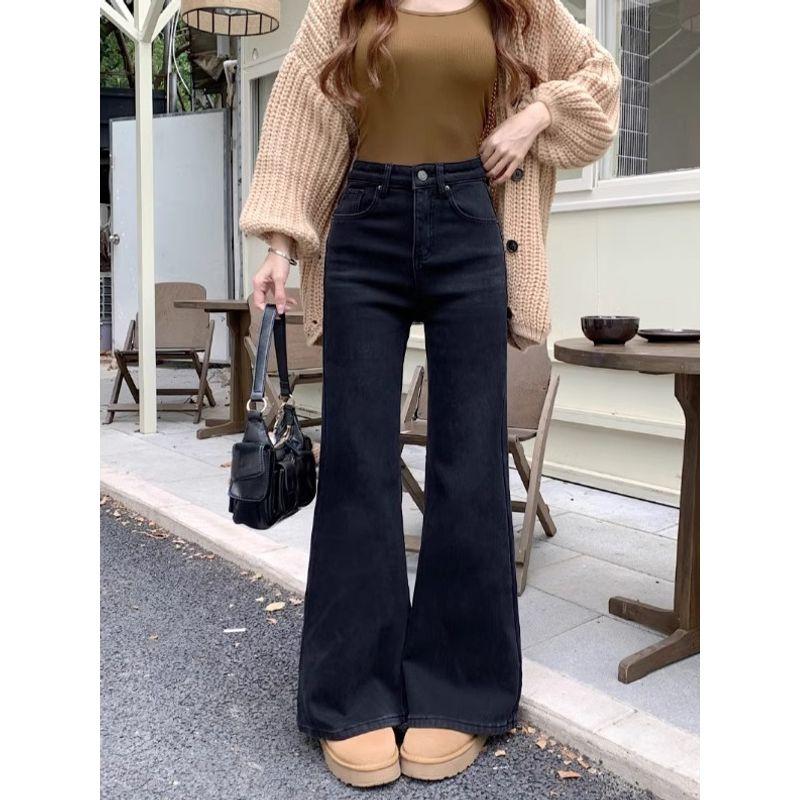 Light Blue Pants for Women Denim Autumn High Waist Stretch Loose Pants Retro Washed Black Bell-Bottoms Pants Tide