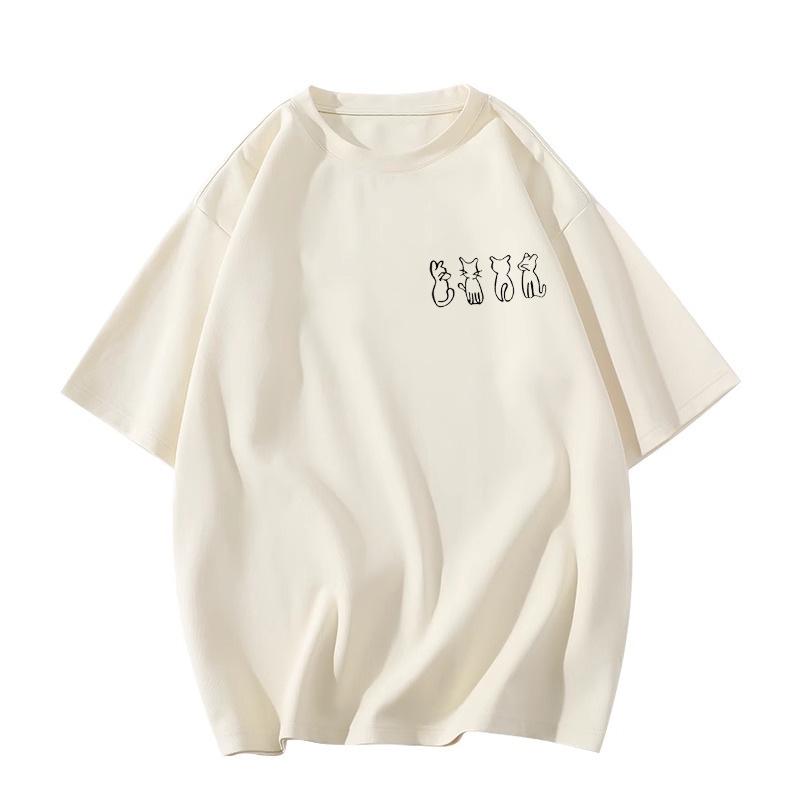 

Женская белая футболка из чистого хлопка с мультяшным котенком, с коротким рукавом - 2024 Американский свободный крой 5XL абрикосовый