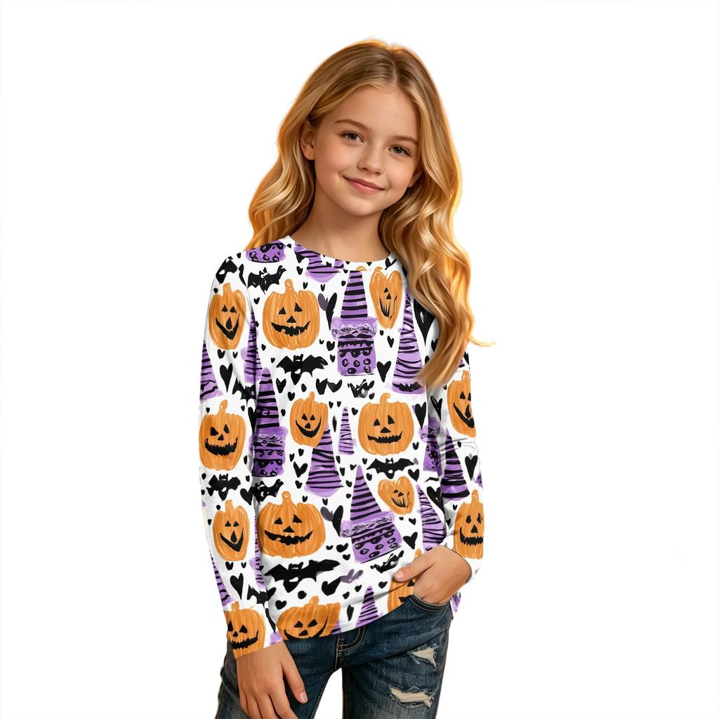 Kids Long Sleeve T-Shirt with Halloween Print, Round Neck, for Boys and Girls
