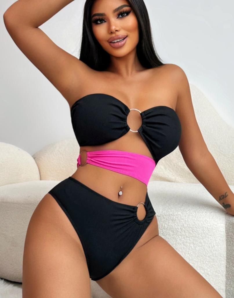 Women's Swimsuit Black Strapless Back Tied One-piece Swimsuit Bikini Beachwear Bathing Suits